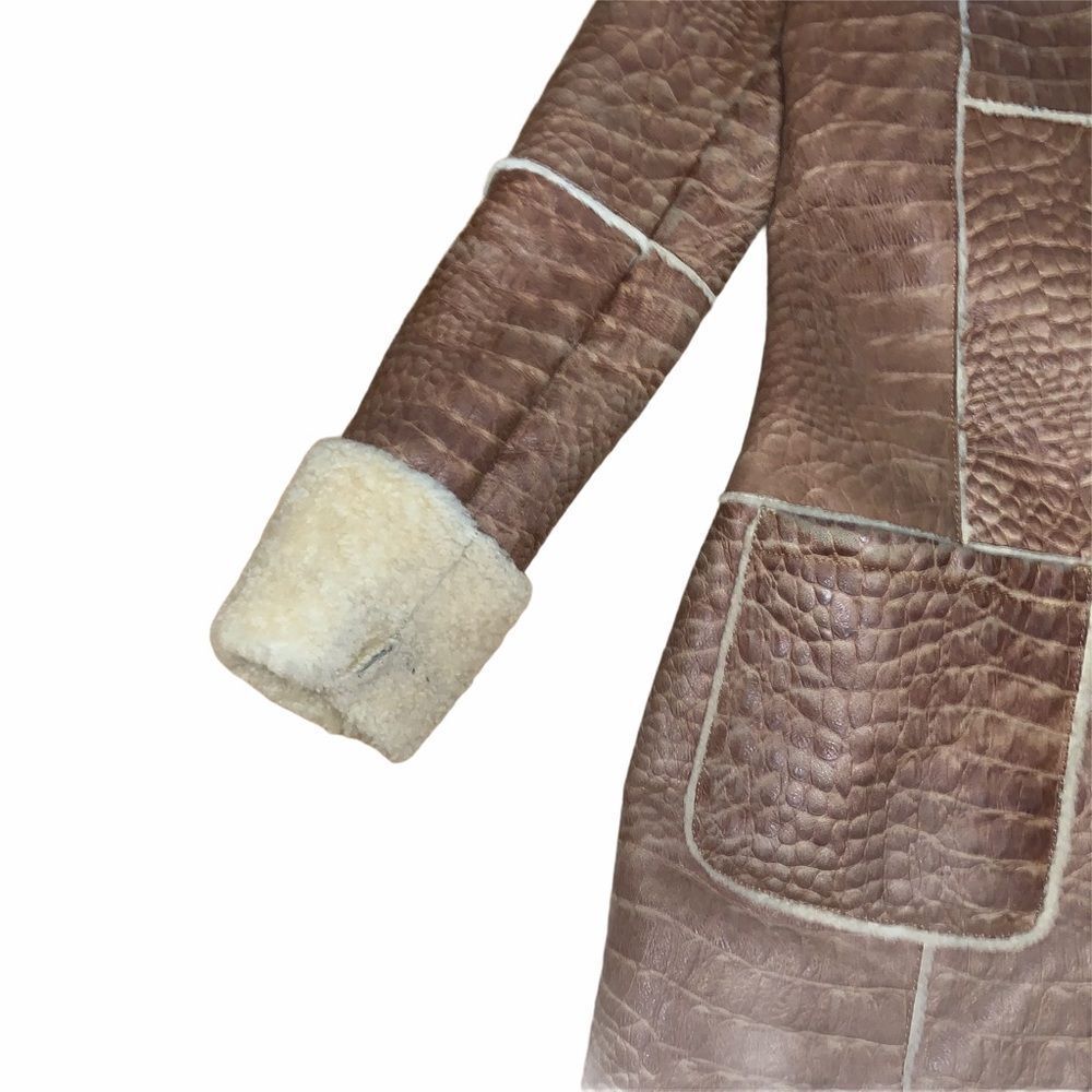 Vintage D&G Dolce & Gabbana Shearling Coat Croc Embossed Leather Brown (400) - Picture 5 of 12